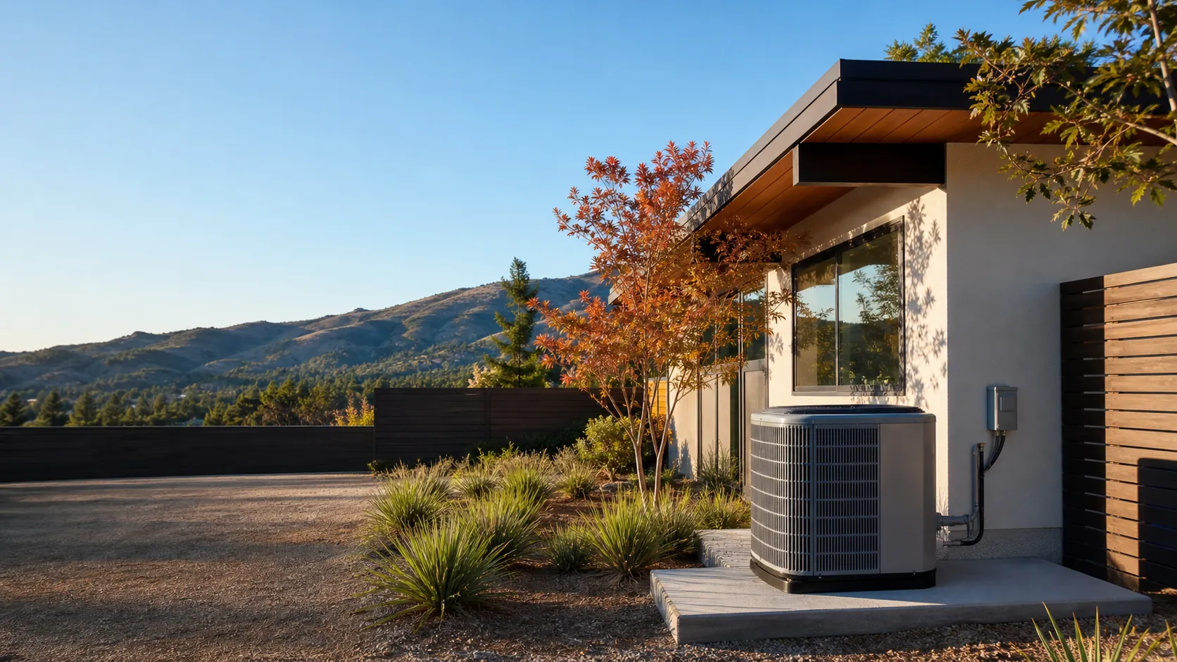 Modern residential air-conditioning condenser beside a Sunnyvale home with the Silicon Valley foothills in the background on a clear day