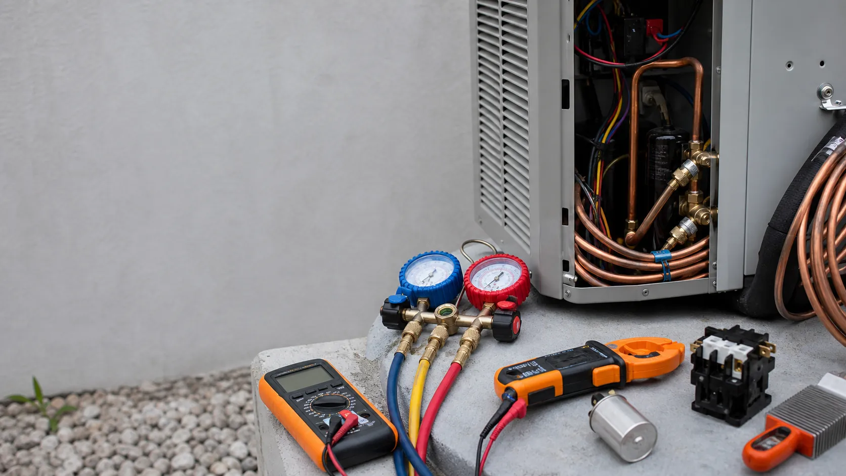 HVAC diagnostic tools including a refrigerant manifold gauge set and multimeter laid out beside an open condenser