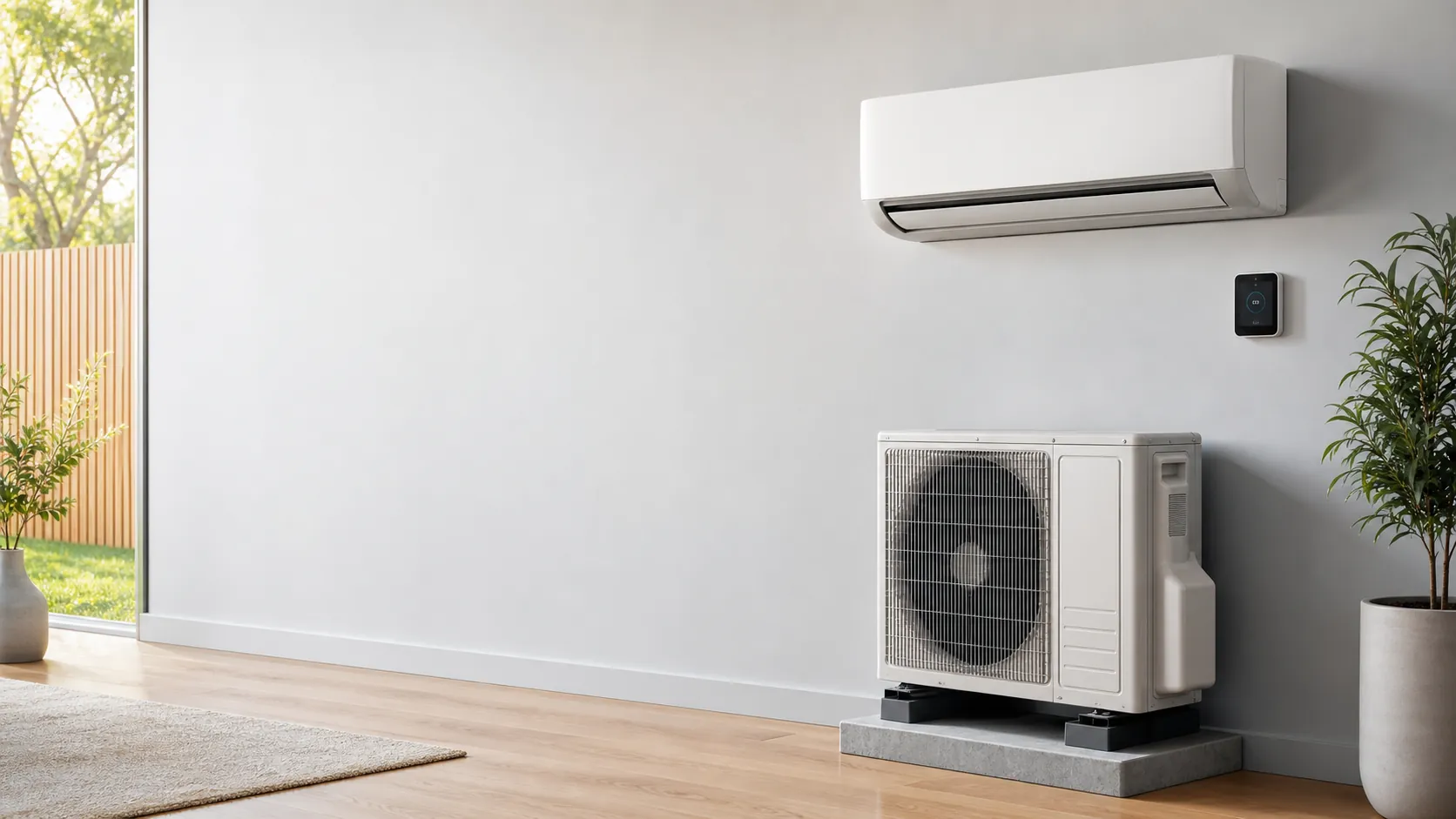 Clean modern HVAC equipment including a ductless mini-split head and outdoor condenser against a light neutral wall